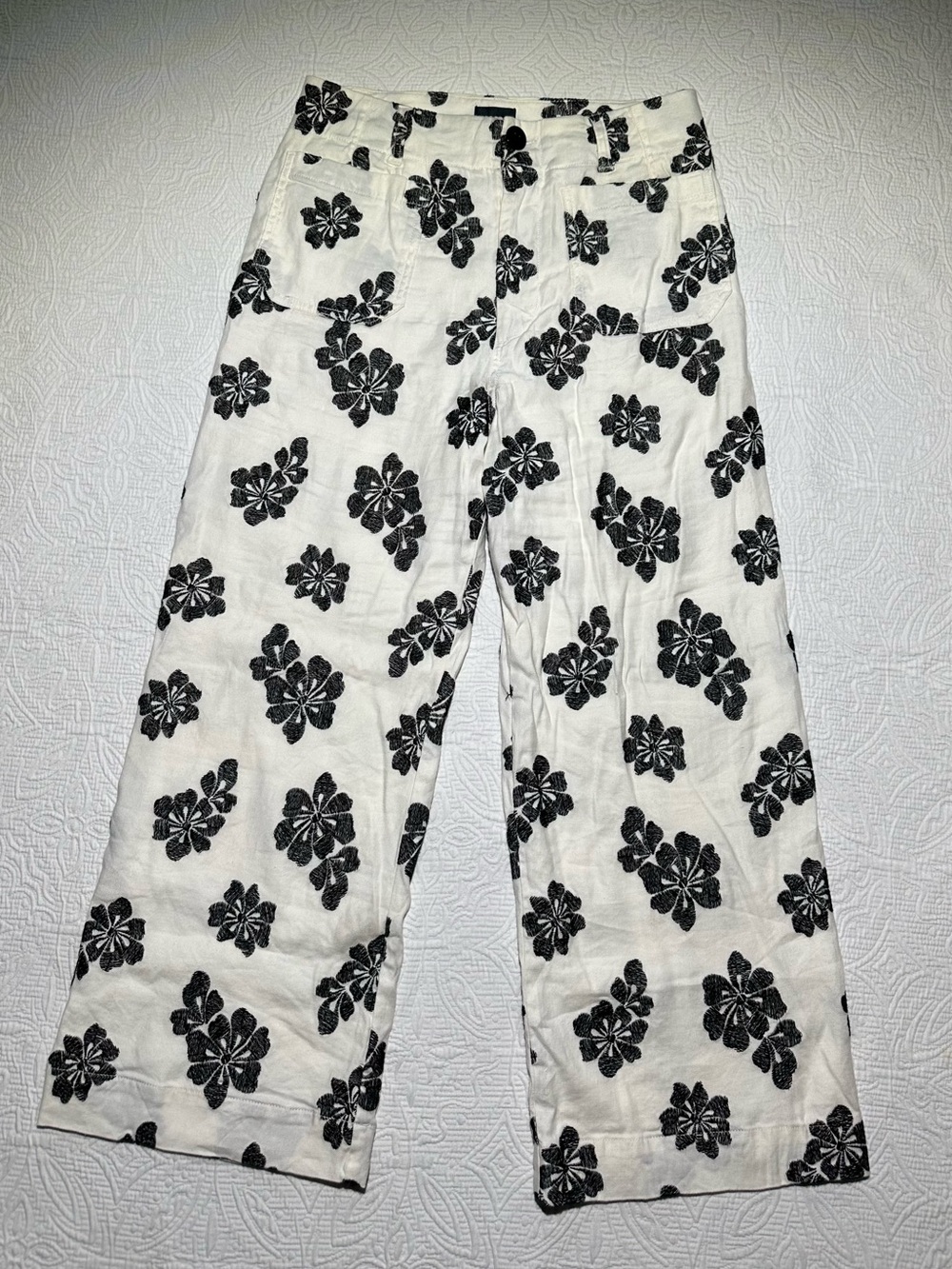 Anthropologie White Wide-Leg Pants with Black Floral Print